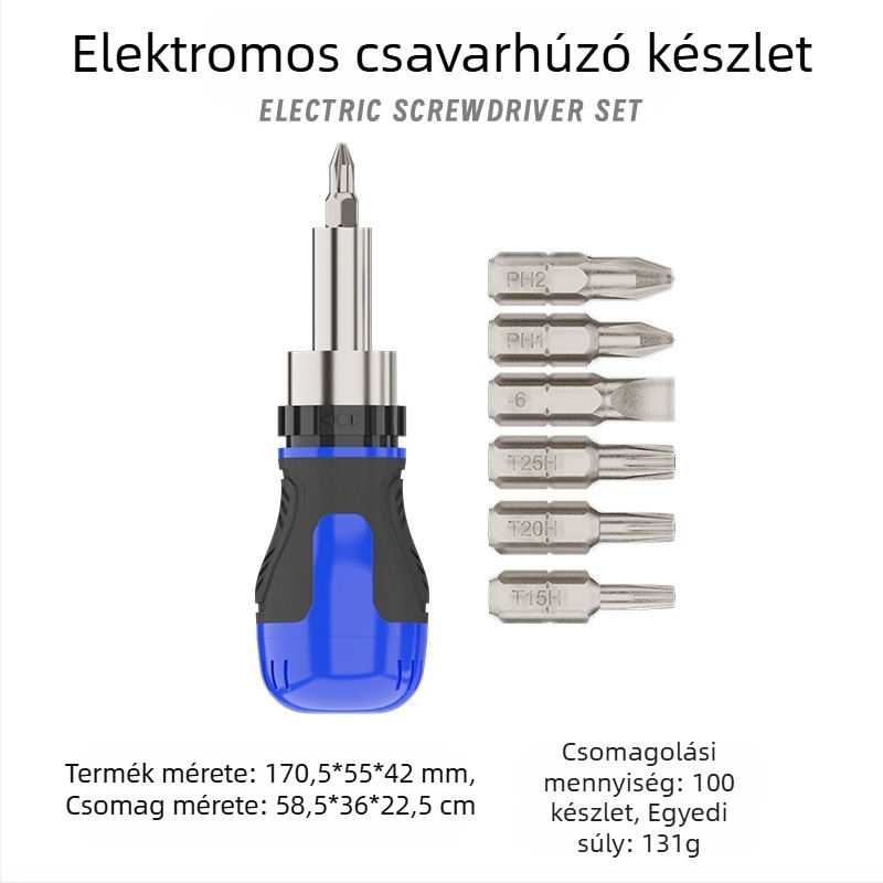 Ipari minőségű tekerőcsavarhúzó keresztes és lapos fejű bitekkel, mágneses, rövid nyélű, kompakt, sárgarépa alakú véggel