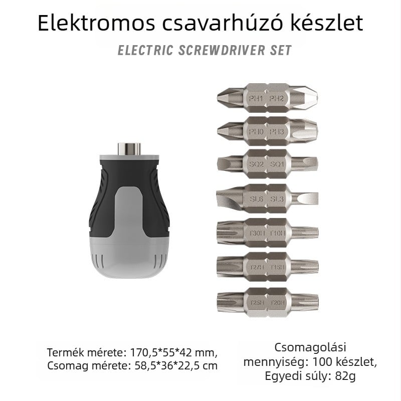 Ipari minőségű tekerőcsavarhúzó keresztes és lapos fejű bitekkel, mágneses, rövid nyélű, kompakt, sárgarépa alakú véggel