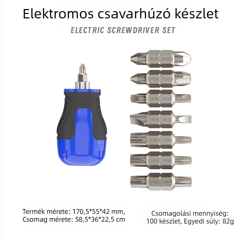 Ipari minőségű tekerőcsavarhúzó keresztes és lapos fejű bitekkel, mágneses, rövid nyélű, kompakt, sárgarépa alakú véggel