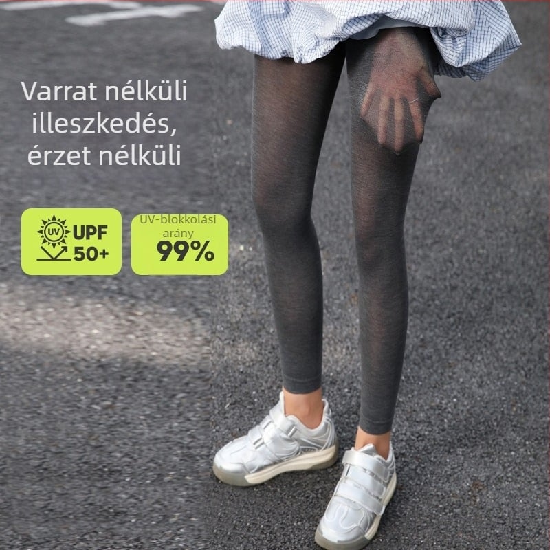 Női UV-védelmet nyújtó hűsítő hatású harisnya, szürke, nyári vékony anyag, varrás nélküli, enyhén átlátszó, lélegző, 9/10-es hossz