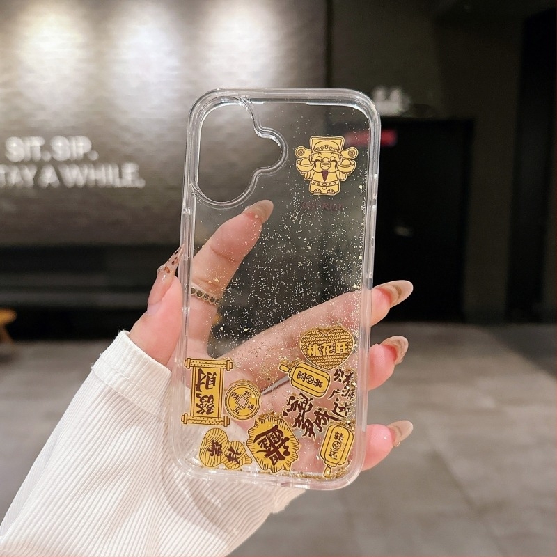 Átlátszó akril tok iPhone-hoz arany boldogságisten motívummal, folyóhomok hatású glitterrel, ütésálló védelem, kompatibilis az iPhone 11–14 Pro/Max