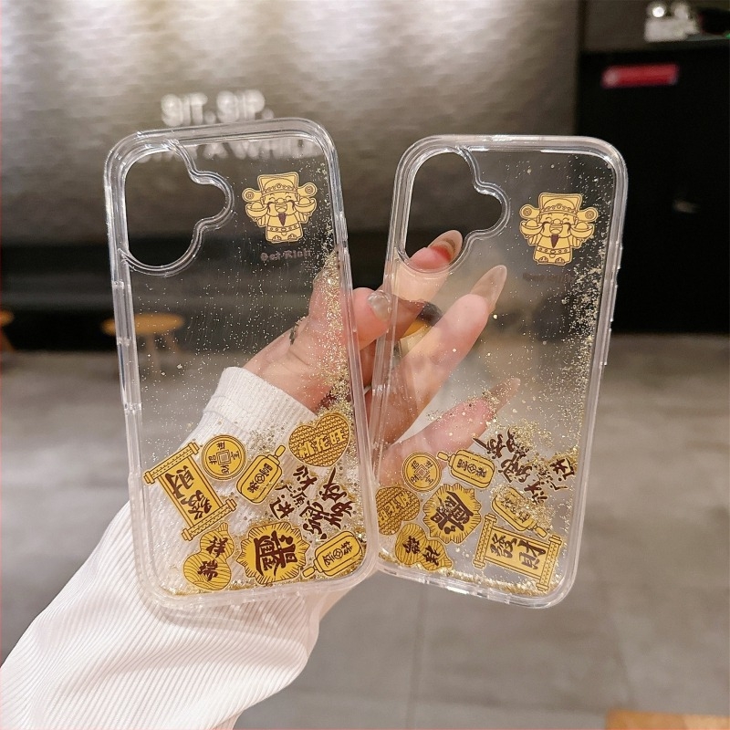 Átlátszó akril tok iPhone-hoz arany boldogságisten motívummal, folyóhomok hatású glitterrel, ütésálló védelem, kompatibilis az iPhone 11–14 Pro/Max