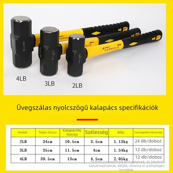 Nyolcszögletű kalapács fából készült nyéllel kőműves munkákhoz, nehéz kivitelű fej, magas széntartalmú acélból