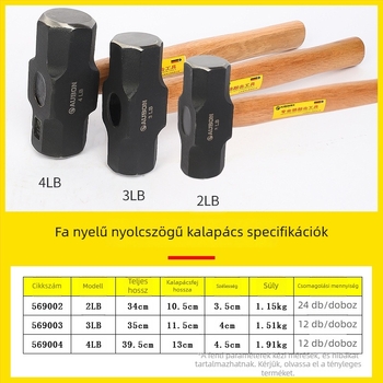 Nyolcszögletű kalapács fából készült nyéllel kőműves munkákhoz, nehéz kivitelű fej, magas széntartalmú acélból