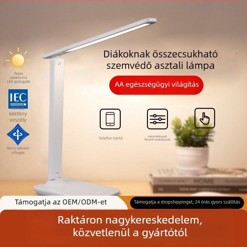 Összecsukható asztali lámpa olvasáshoz és tanuláshoz, szemvédő fény, USB tápegység, érintéses kapcsoló, kompakt éjjelilámpa