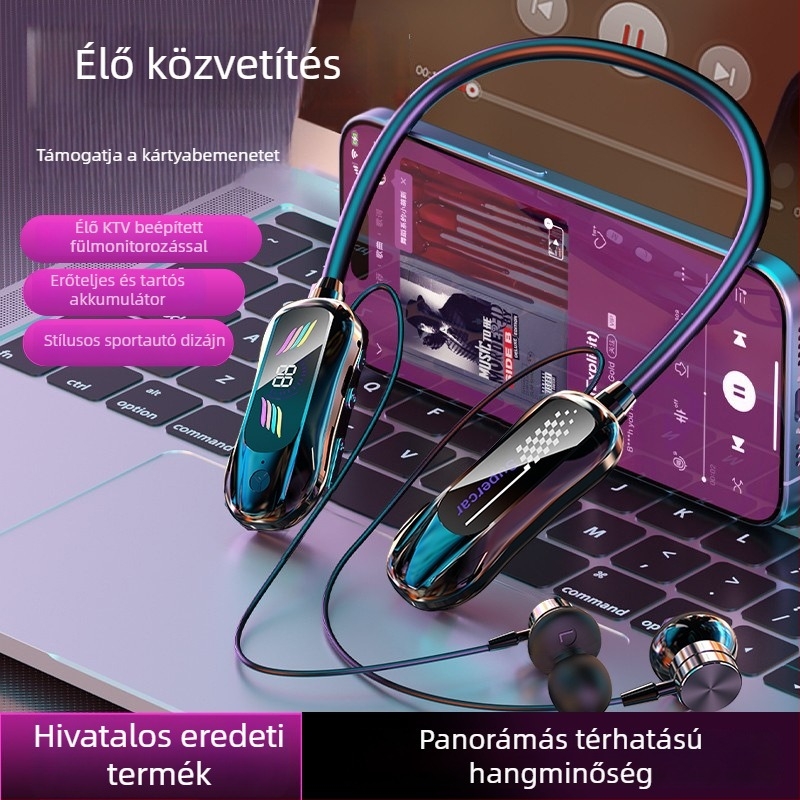 Nyakpántos vezeték nélküli Bluetooth fejhallgató AI mély zajcsökkentéssel, hangváltoztató és karaoke funkcióval, kártyaolvasóval, sztereó