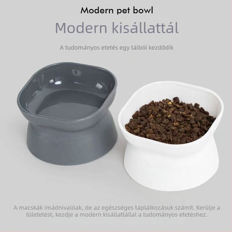 Műanyag magas lábú etetőtál macskáknak és kutyáknak nyakvédő kialakítással, anti-kiöntés, modern fehér