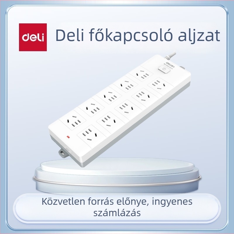 DELI 18275 tíz aljzattal rendelkező hosszabbító, fő kapcsolóval, az új nemzeti biztonsági szabvány szerint, otthoni és irodai használatra.