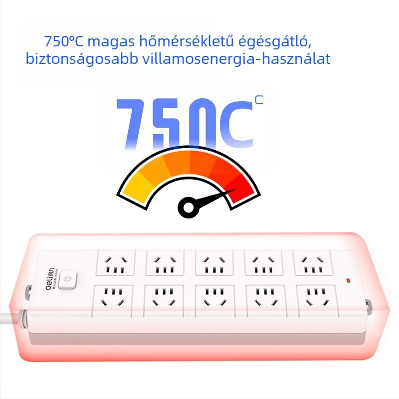 DELI 18275 tíz aljzattal rendelkező hosszabbító, fő kapcsolóval, az új nemzeti biztonsági szabvány szerint, otthoni és irodai használatra.