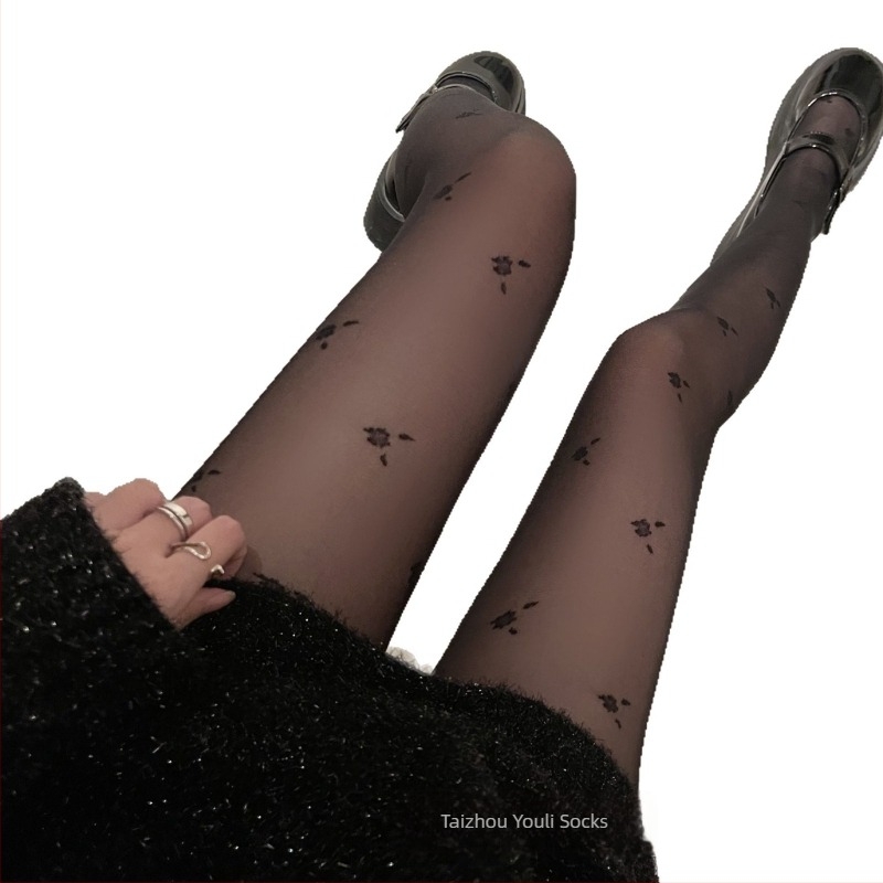 Tejfehér virágos jacquard harisnya, vékony átlátszó nylon 15D, JK Lolita stílus