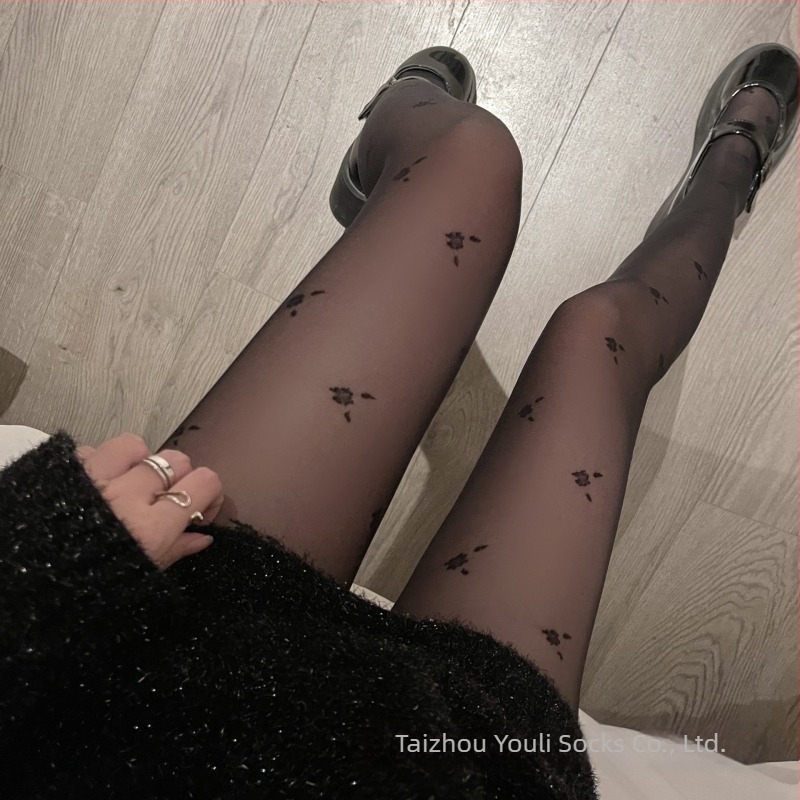 Tejfehér virágos jacquard harisnya, vékony átlátszó nylon 15D, JK Lolita stílus