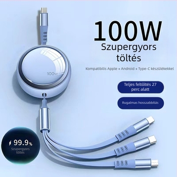 Autóba tervezett 3-in-1 kihúzható adatkábel Apple és Huawei készülékekhez, Lightning, Micro USB és Type-C csatlakozókkal, hossz 1–2 m.