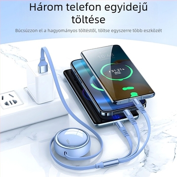 Autóba tervezett 3-in-1 kihúzható adatkábel Apple és Huawei készülékekhez, Lightning, Micro USB és Type-C csatlakozókkal, hossz 1–2 m.
