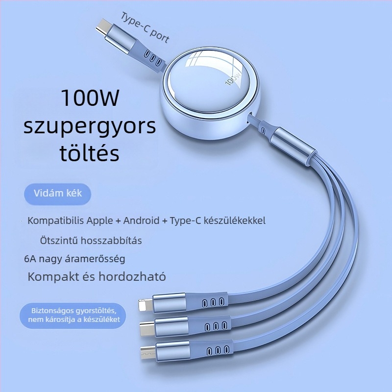 Autóba tervezett 3-in-1 kihúzható adatkábel Apple és Huawei készülékekhez, Lightning, Micro USB és Type-C csatlakozókkal, hossz 1–2 m.