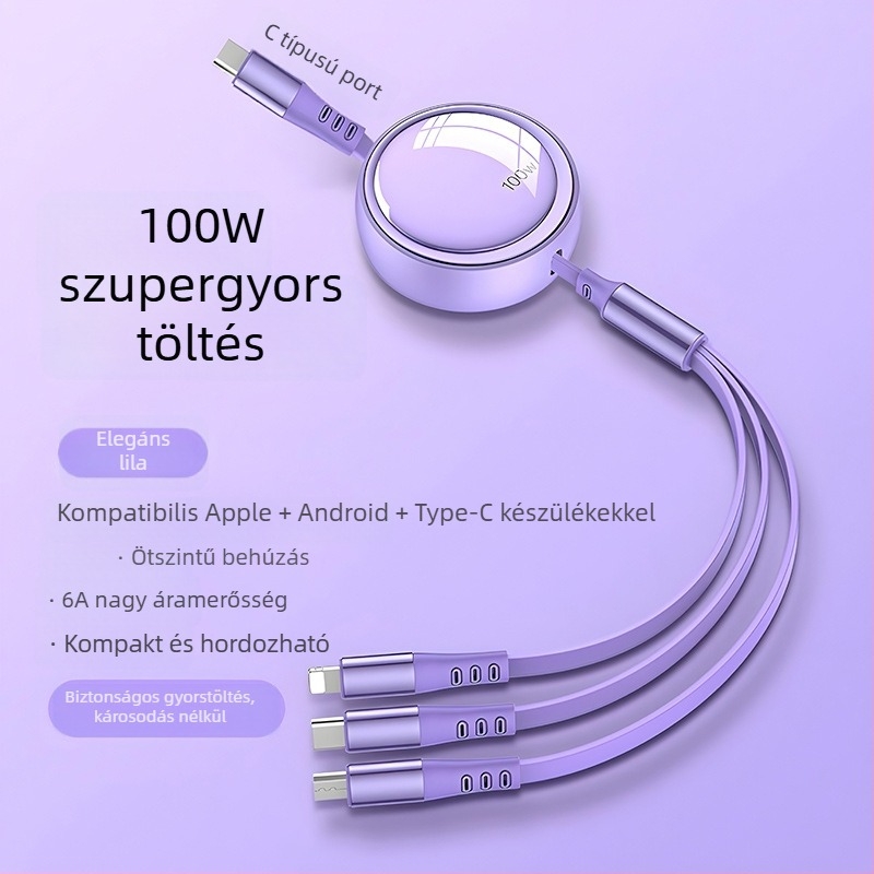 Autóba tervezett 3-in-1 kihúzható adatkábel Apple és Huawei készülékekhez, Lightning, Micro USB és Type-C csatlakozókkal, hossz 1–2 m.