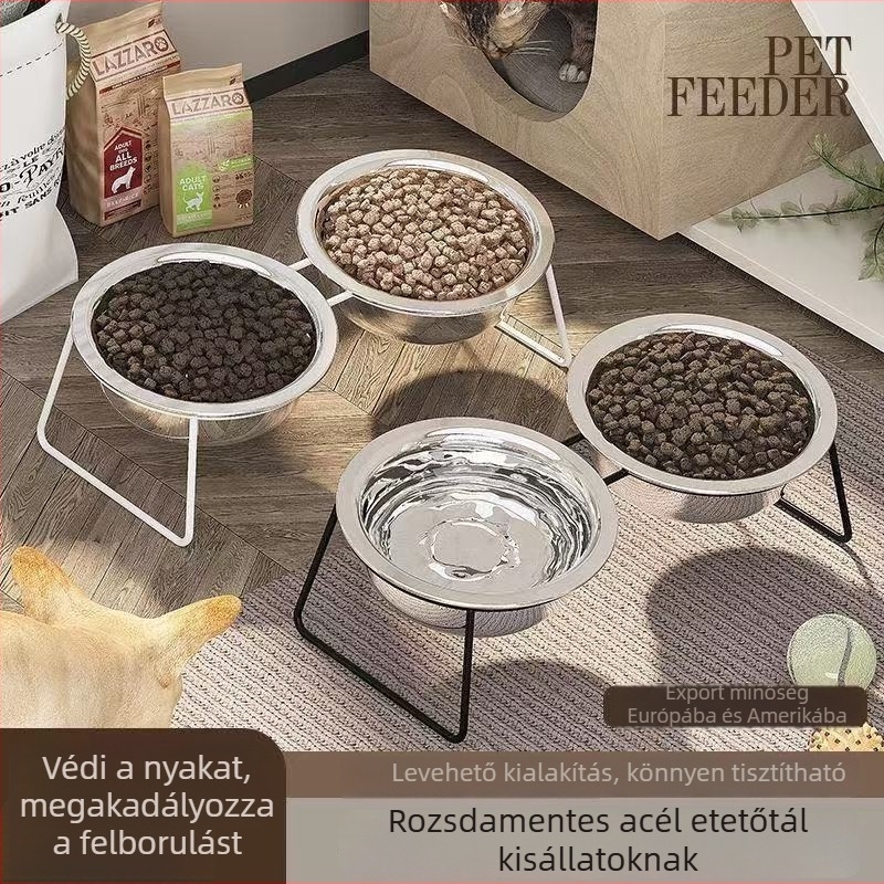 Rozsdamentes acélből készült kisállat etetőtál, csúszásmentes, harapás elleni kutyáknak, külön étel- és vízestál, vas váz, dupla tálas állvány