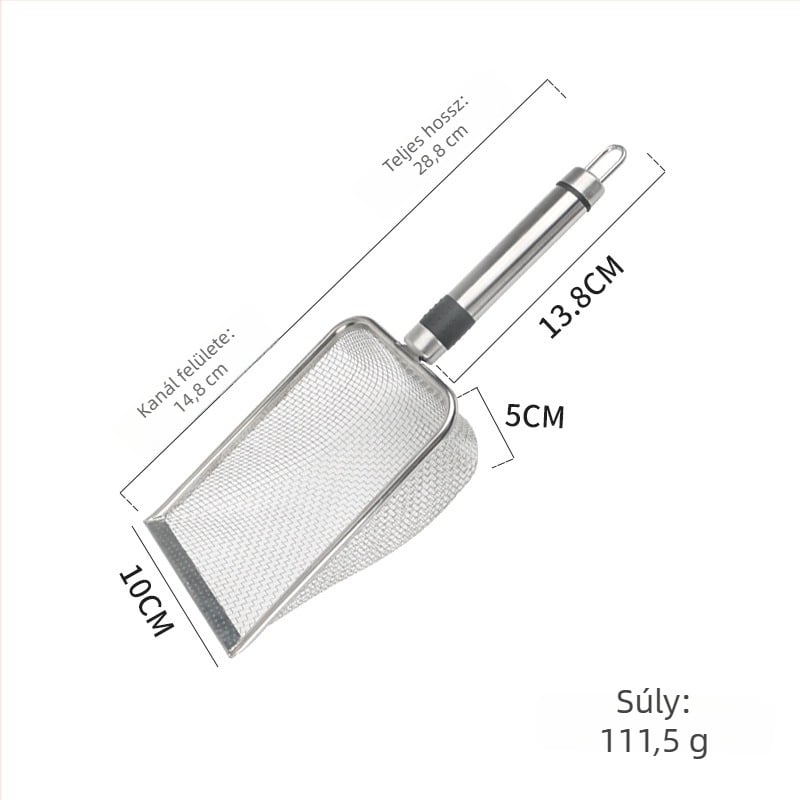 Rozsdamentes acél macskaalomkanál finom hálóval, tubusos fogantyúval, 6-lyukú nyílások, 3,8×3,8 mm