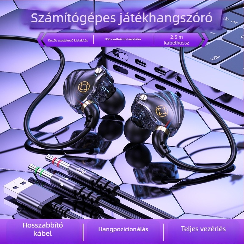 2,5 m hosszú vezetékes gamer fejhallgató PC-hez USB és 3,5 mm-es csatlakozóval PUBG és Peace Elite