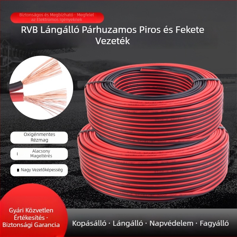 Tiszta rézből készült két-vezetékes piros–fekete párhuzamos kábel videómegfigyeléshez, LED-tápellátáshoz, hangfal- és háztartási elektromos vezetékhez