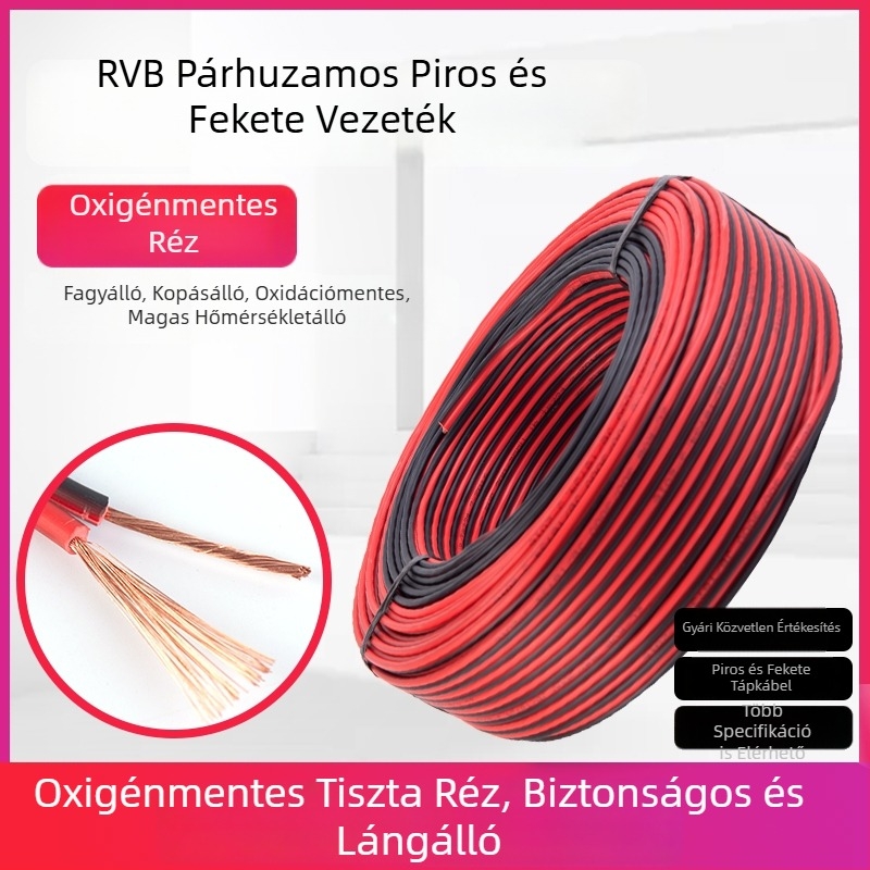 Tiszta rézből készült két-vezetékes piros–fekete párhuzamos kábel videómegfigyeléshez, LED-tápellátáshoz, hangfal- és háztartási elektromos vezetékhez