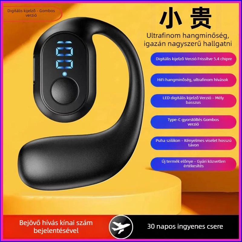 OWS Bluetooth fejhallgató digitális kijelzővel, egy fülre rögzített kialakítás, csontvezetéses technológia, hosszú üzemidő, gombos kiadás