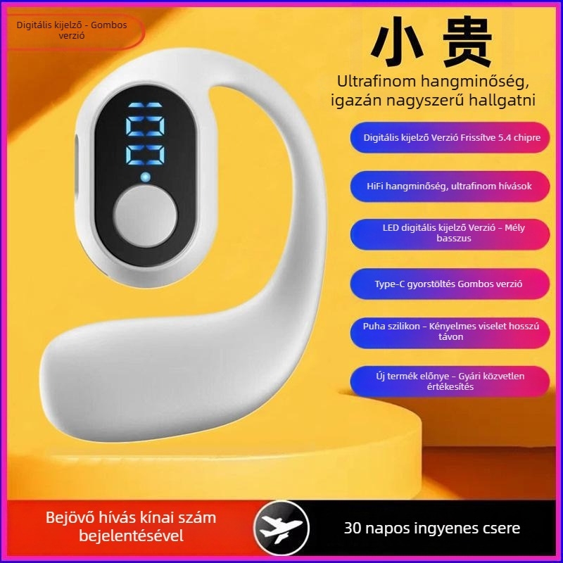 OWS Bluetooth fejhallgató digitális kijelzővel, egy fülre rögzített kialakítás, csontvezetéses technológia, hosszú üzemidő, gombos kiadás