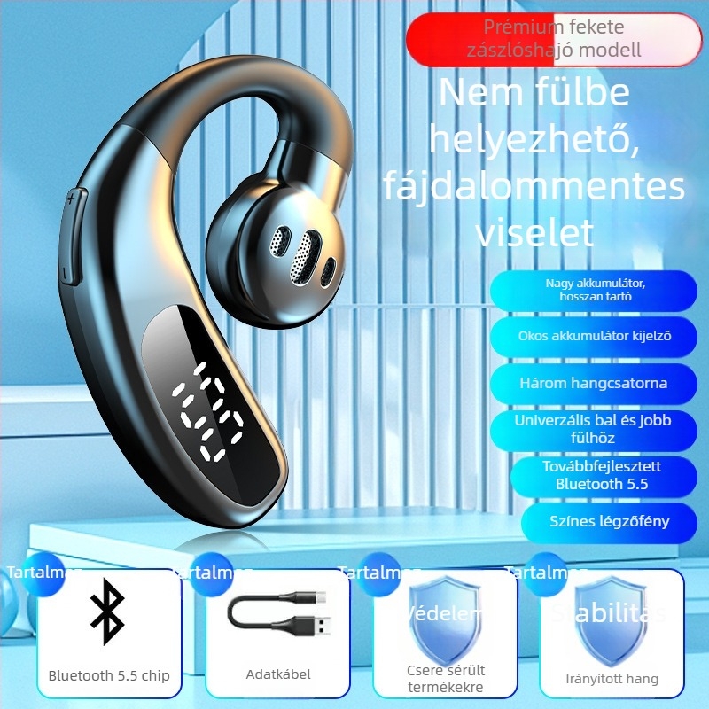 Új vezeték nélküli Bluetooth fülhallgató F80, fülre akasztós, légáram-vezetés technológiával, monaurális, digitális kijelző