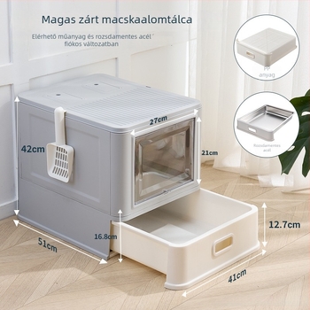 Nagy méretű macskaalmotál rozsdamentes acélból és műanyagból, összecsukható zárt kialakítás, fiók-szerű nyitott változat