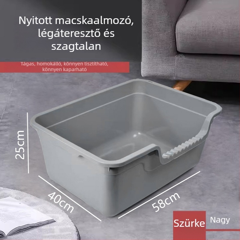 Nagy méretű nyitott macskaalom-tál, fröccsenés elleni dizájnnal