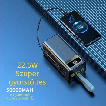 Kültéri power bank 50000mAh PD 22.5W gyors töltés beépített kábellel és kemping lámpával