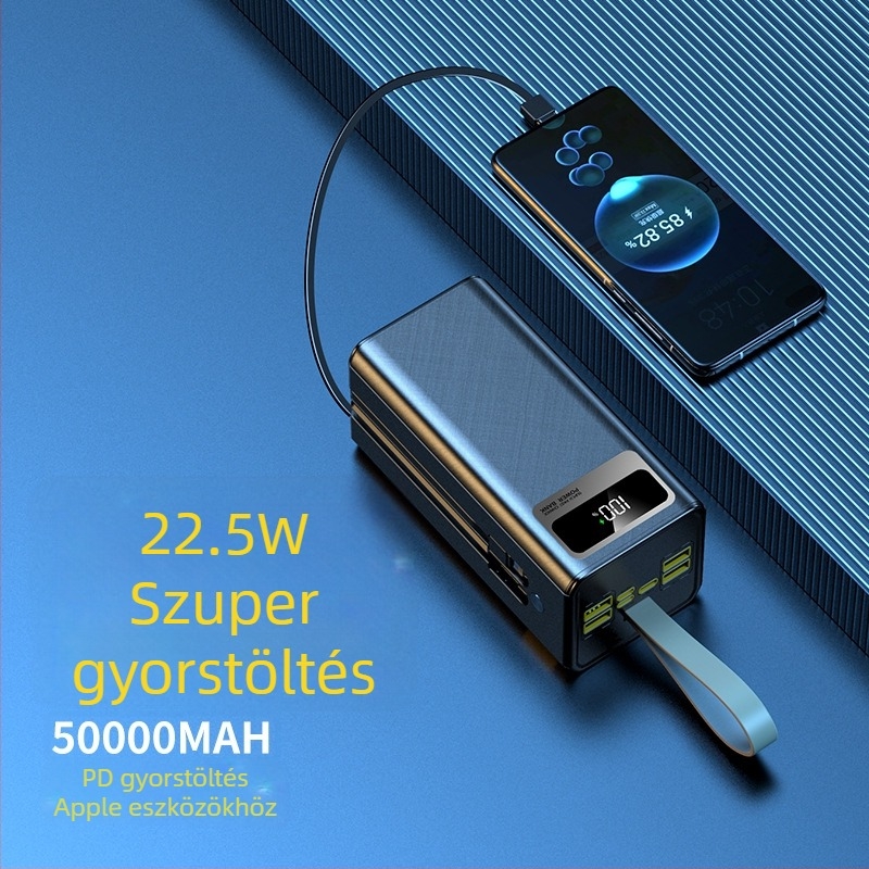 Kültéri power bank 50000mAh PD 22.5W gyors töltés beépített kábellel és kemping lámpával