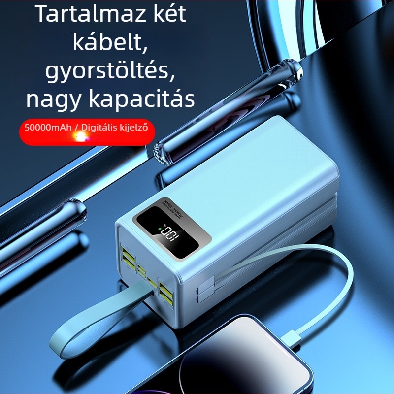 Kültéri power bank 50000mAh PD 22.5W gyors töltés beépített kábellel és kemping lámpával