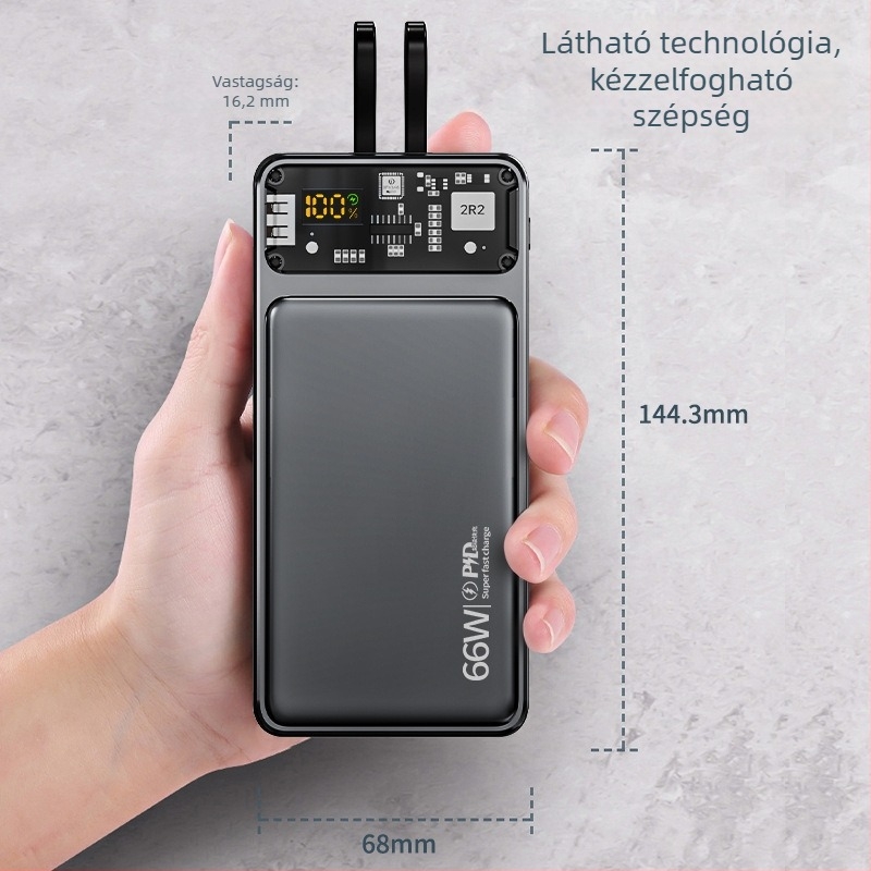 66W-os Power Bank 20000mAh beépített kábellel a gyors töltéshez, ultra vékony átlátszó hordozható töltő, kompatibil az iPhone 17-tel