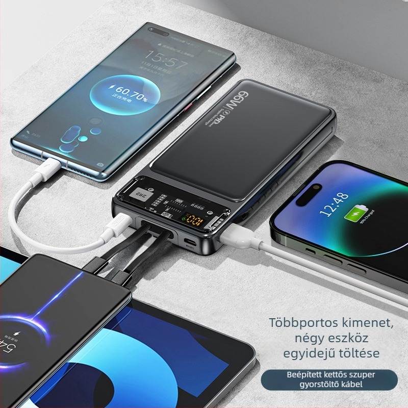 66W-os Power Bank 20000mAh beépített kábellel a gyors töltéshez, ultra vékony átlátszó hordozható töltő, kompatibil az iPhone 17-tel