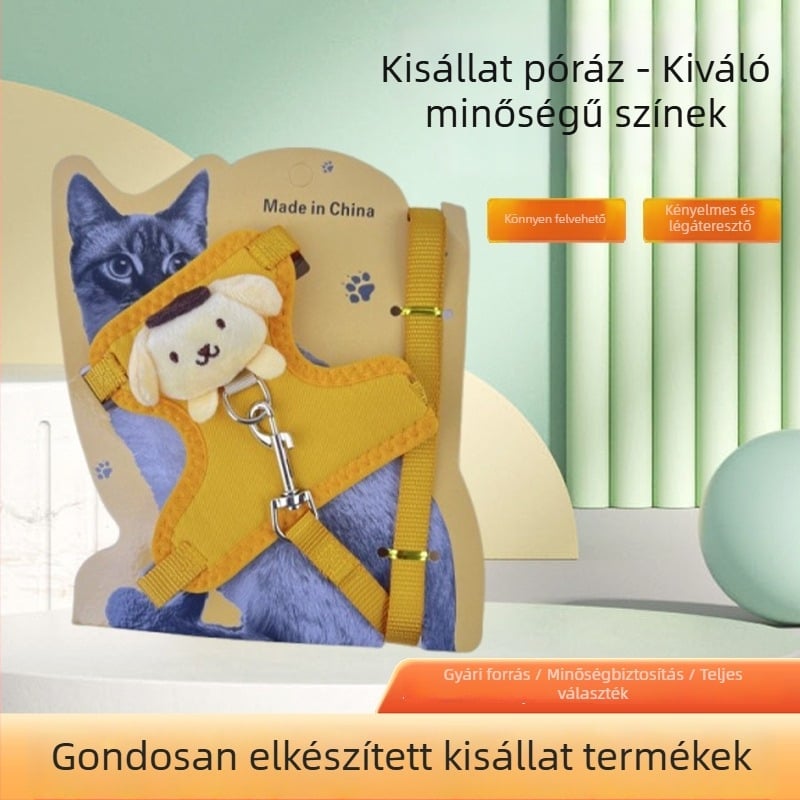 Macska hám és póráz behúzható mechanizmussal, elvesztés elleni dizájn, karikatúra stílus, macskáknak és kiscicáknak