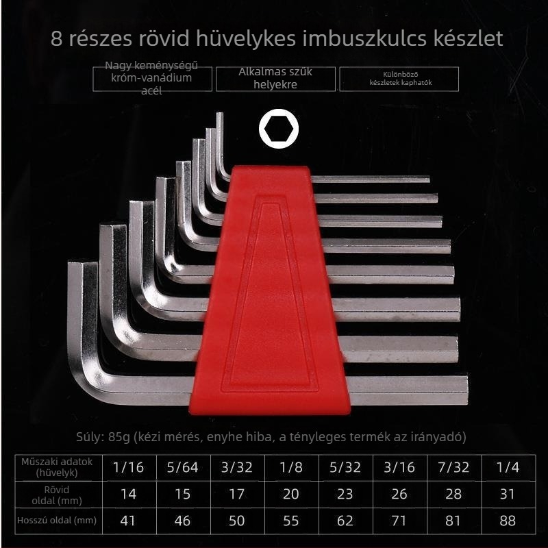 Rövid golyófejű hatszögkulcs készlet, méret és hüvelyk, L-alakú