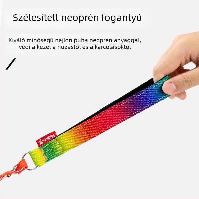 Szivárványos kutyapóráz puha markolattal, harapásálló, kültéri sétákhoz