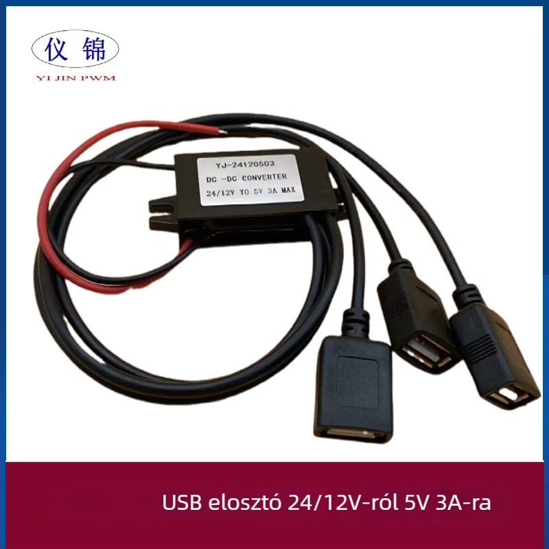DC-DC autó tápellátó, 12–24V bemenet, 5V USB kimenet, három USB port, IP67 vízálló