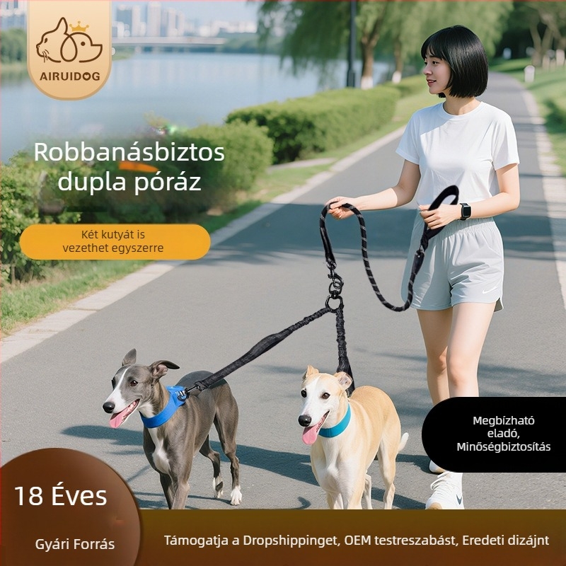 Kétszárnyú kutyapóráz két kutya sétáltatásához, robbanásbiztos kialakítás, közepes méretű kutyáknak