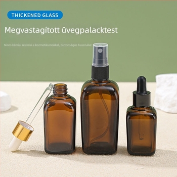 Négyszögletes üveg esszenciális olajokhoz, borostyánbarna fényvédő üveg, hordozható csepegtető és permetező palack