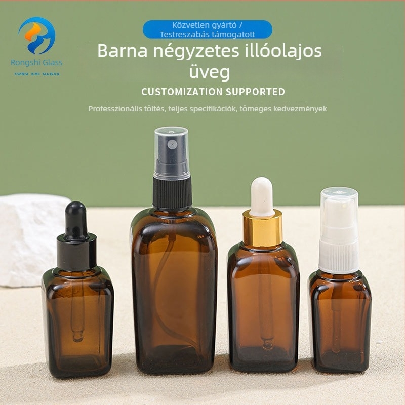 Négyszögletes üveg esszenciális olajokhoz, borostyánbarna fényvédő üveg, hordozható csepegtető és permetező palack