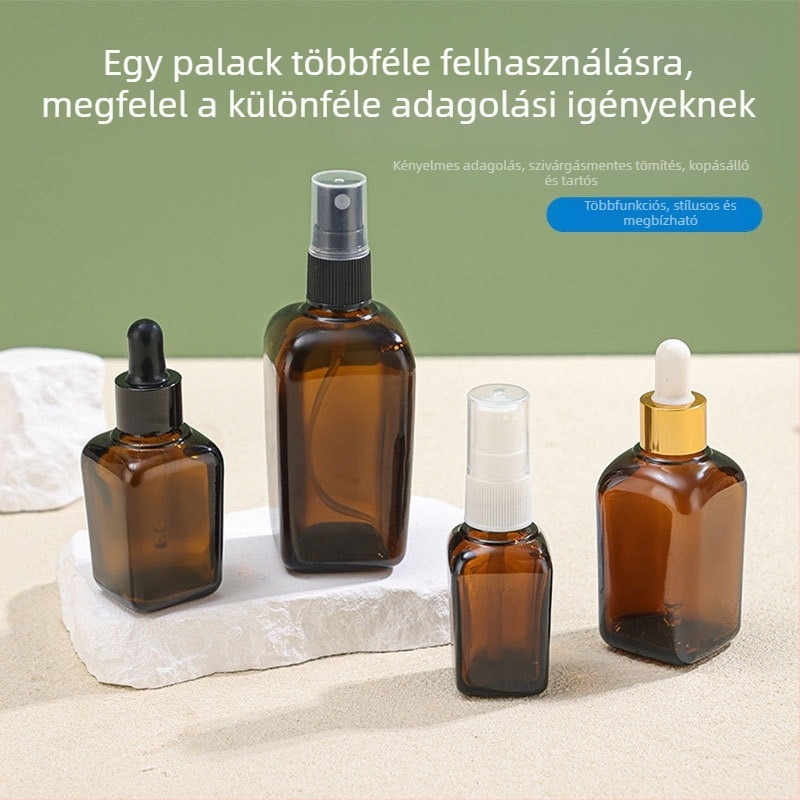 Négyszögletes üveg esszenciális olajokhoz, borostyánbarna fényvédő üveg, hordozható csepegtető és permetező palack