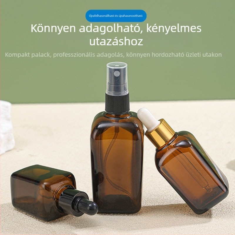 Négyszögletes üveg esszenciális olajokhoz, borostyánbarna fényvédő üveg, hordozható csepegtető és permetező palack