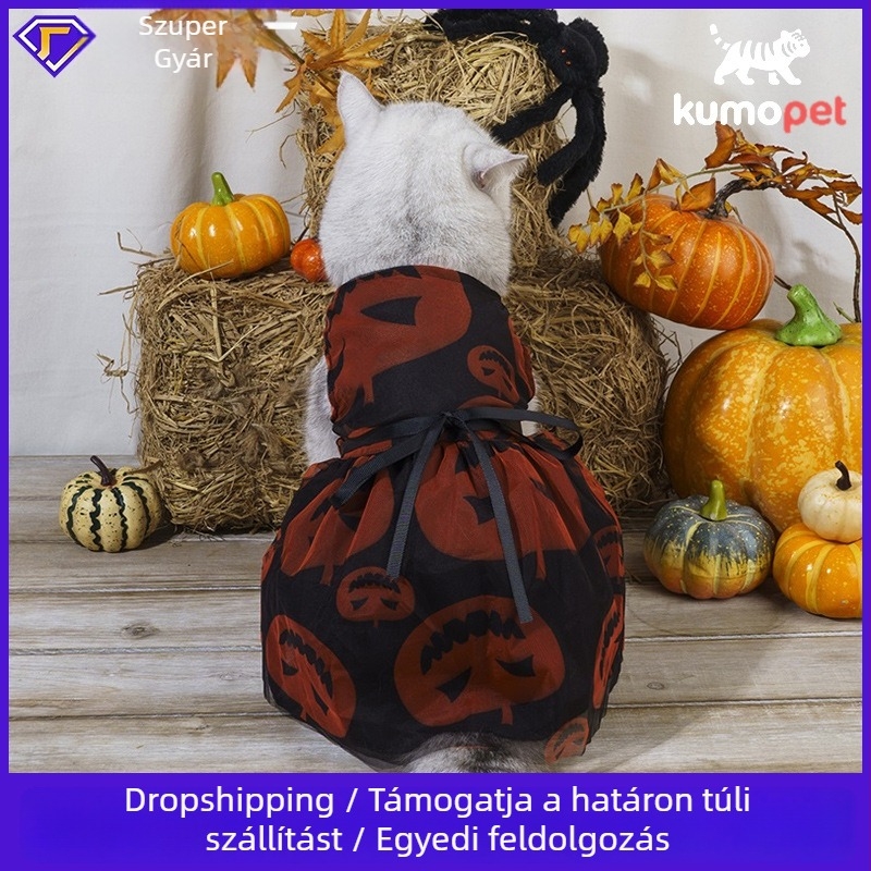 Személyre szabott Halloween kutyaruha tökös hálós díszítéssel, lélegző, piros, kistestű kutyáknak