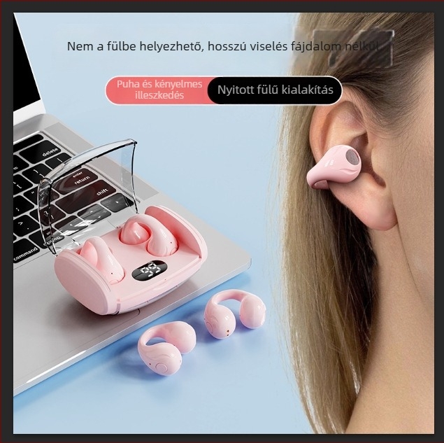 Új Bluetooth TWS vezeték nélküli fülklipszes fejhallgató, töltőtokkal, digitális kijelzővel, sportos dizájnnal, levegővezetésű hangzás