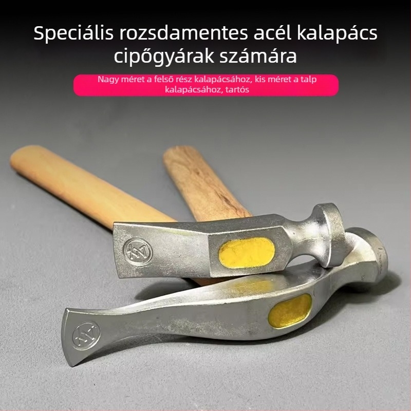 Rozsdamentes acélból készült bőrműves kalapács fa nyéllel, élzáráshoz és cipőgyártáshoz