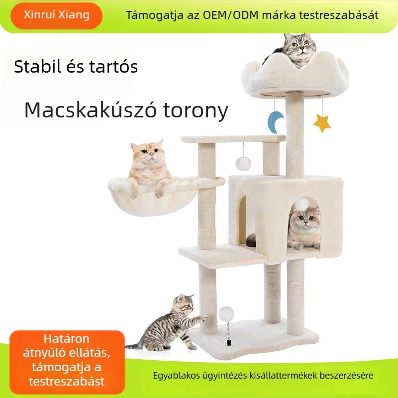 Halloween-stílusú macska mászótorony beépített magas toronnyal, nagy méret, több szint
