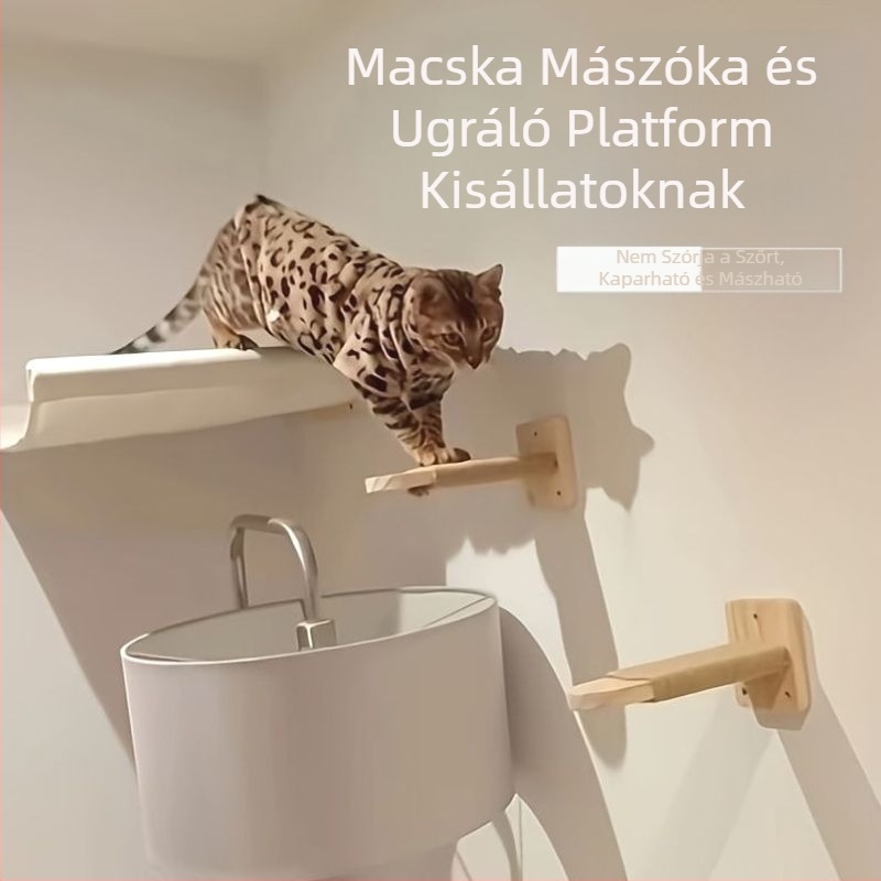 Szilárd fából készült falra szerelhető macskamászó keret otthoni használatra, ugrató platformmal, falra szerelt macskahammal és karcolóoszloppal, raktáron