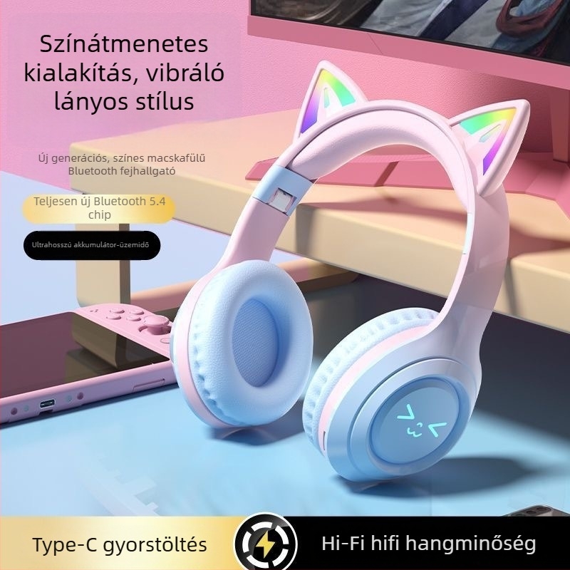 2026 új modell Bluetooth fülhallgató macskafülekkel, világító fejpánttal, hosszú akkumulátor-üzemidővel, sztereó hangzással, sporthoz és játékhoz