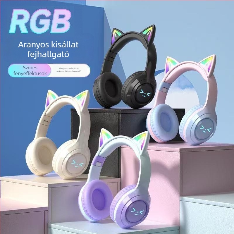 2026 új modell Bluetooth fülhallgató macskafülekkel, világító fejpánttal, hosszú akkumulátor-üzemidővel, sztereó hangzással, sporthoz és játékhoz